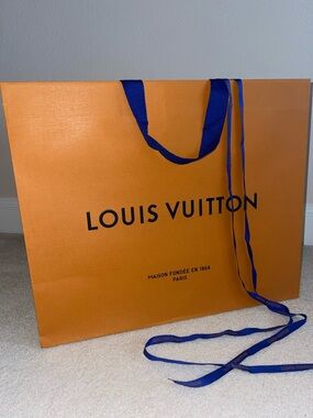 Louis Vuitton 19” Orange Gift Bag with Blue Handles & Blue LV Ribbon